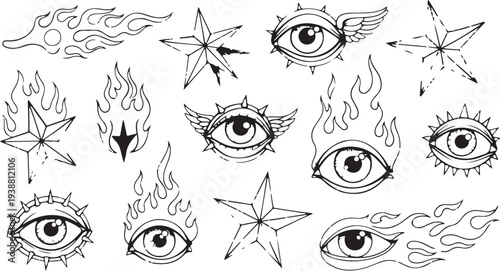 A collection of edgy, hand-drawn tattoo flash elements in a neo-tribal and cyber sigilism style. Featuring a celestial "all-seeing" eye, flaming hearts, and sharp symmetrical spikes.