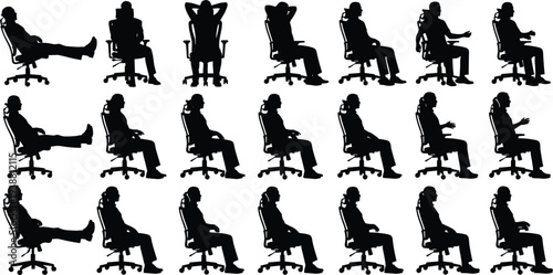 Office chair sitting man silhouette collection in various poses, relaxed and working positions, corporate workspace character vector set isolated background