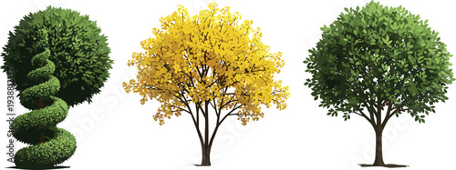 Decorative tree collection with green and yellow foliage, topiary spiral bush and realistic garden trees isolated on white background vector illustration