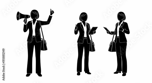 Three black silhouettes of a professional woman in a suit with a bag, communicating and using technology.