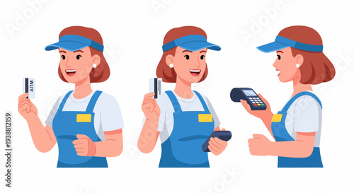 Female cashier in uniform holding a credit card and a point of sale terminal, demonstrating payment methods.