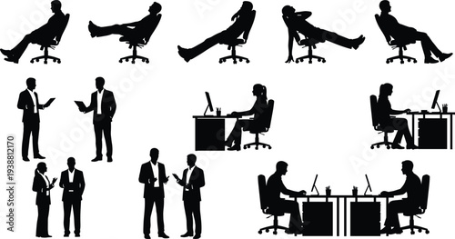 Business people silhouettes set in office chairs and workspace poses, professional corporate teamwork, meeting, working at desk, vector illustration collection