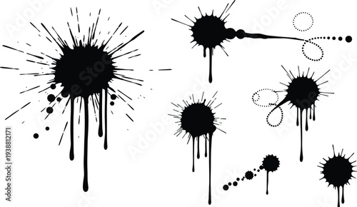 Black ink splatter and paint drip collection, abstract grunge splash stains, artistic blot shapes isolated on white background vector set
