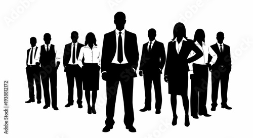 Silhouette of a diverse business team standing together, with a leader prominently in the foreground.