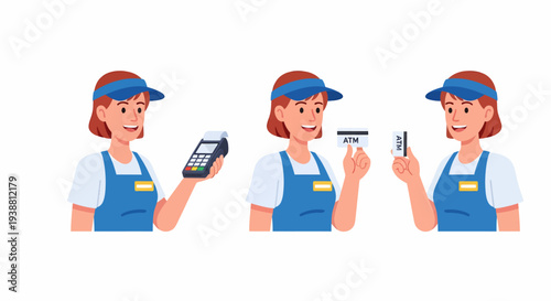 Female cashier demonstrating various payment methods including POS terminal, credit card, and mobile payment.