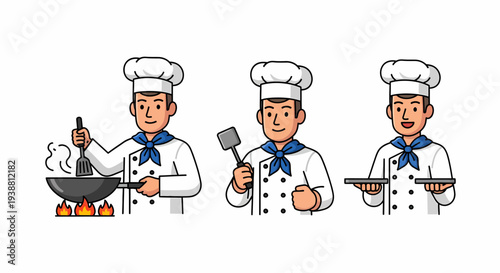 Three cartoon male chefs in white uniforms and hats, one cooking in a wok, one holding a spatula, and one holding plates.