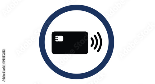 Flat design illustration of a contactless payment card with wireless signal in a blue circle on white background
