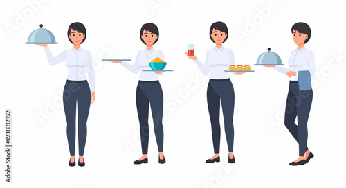 Four female waitresses in uniform holding trays with food and drinks, offering professional service in various poses.