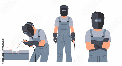 Illustrations of a welder in various poses, including welding with sparks, standing with equipment, and standing with arms crossed, all wearing protective gear.