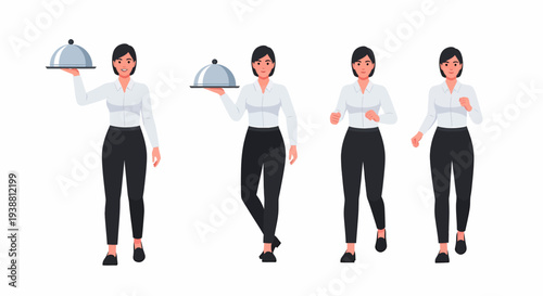 Four illustrations of a female waitress in different poses, including serving food with cloches, walking, and running.