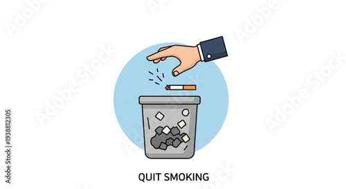 Hand throwing cigarette into trash can with quit smoking message on white background