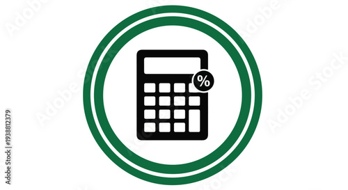 A black calculator icon with a percentage sign inside a green circle on a white background.