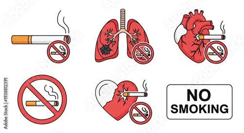 No smoking icons set vector illustration of healthy lungs heart and prohibition signs on white background