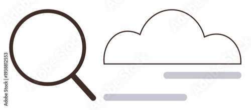 Cloud storage, data analysis, online search, information browsing, cloud technology, digital connectivity. Magnifying glass next to a cloud icon with lines below. Cloud storage and data analysis