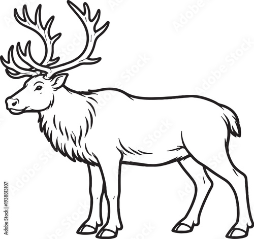 Reindeer Standing Side Profile Antler Black and White Line Art Illustration