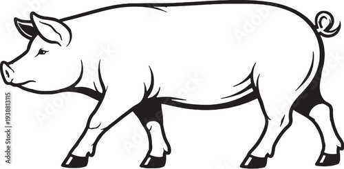 Pig Walking Side Profile Black and White Line Art Farm Animal Illustration