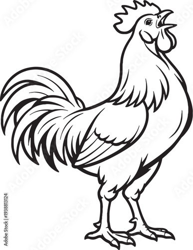 Rooster Crowing Upward Black and White Line Art Farm Animal Illustration