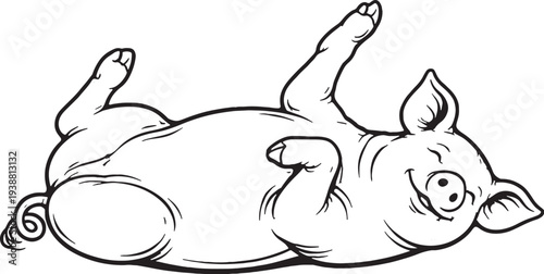 Pig Rolling On Side Relaxed Black and White Line Art Illustration