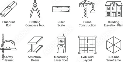 Set of architecture and construction icons including blueprint roll, crane, and safety helmet