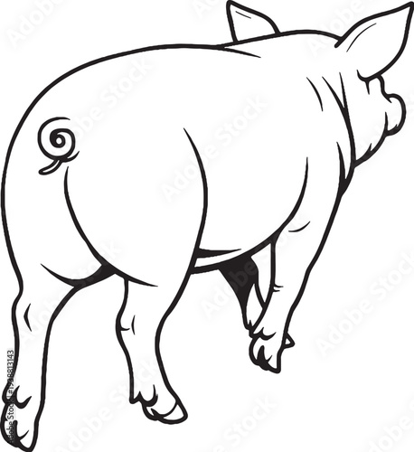 Pig Walking Rear Three Quarter View Black and White Line Art Farm Animal Vector