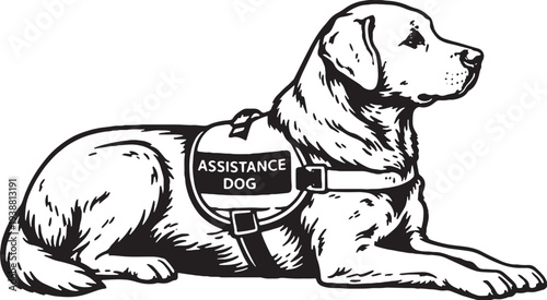 Labrador Retriever Assistance Dog Lying Calm Pose Black and White Line Art Working Dog Illustration