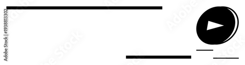 Digital media, user interface, streaming platforms, content creation, minimal design, video navigation. Black play button with straight lines. Digital media and user interface theme for visual design