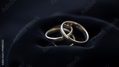 electroluminescence. Two silver wedding bands overlapping on dark velvet fabric. lifestyle magazines, social media lookbooks, designed for lifestyle magazines and social media content.