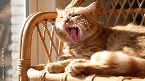 Orange tabby cat yawning widely while relaxing on a wicker chair in the sun.