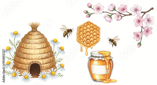 Watercolor illustration of bees honeycomb honey jar and blooming flowers