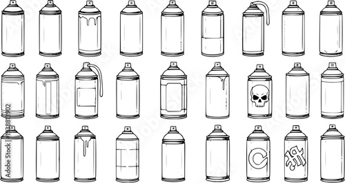 Black and White Line Art Spray Paint Cans Collection Vector Illustration