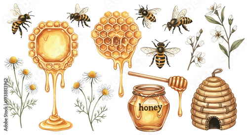 Watercolor illustration of bees honeycomb honey jar daisies and beehive elements