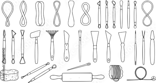 Pottery and Sculpting Tools Set. Hand-drawn Black and White Line Art Collection of Ceramic Craft Equipment for Clay Modeling and Art Projects.