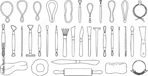Pottery and Sculpting Tools Kit. Black and White Line Art Outline Vector Illustration for Ceramic Art, Clay Modeling, Craft, and Hobbies.