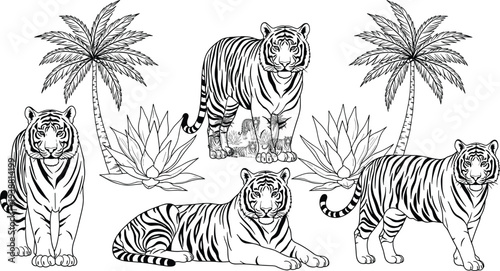 Black and white silhouette illustration of cat and dog facing each other, stylized domestic pets with detailed fur outlines, symbolizing companionship, contrast, and artistic designBlack 