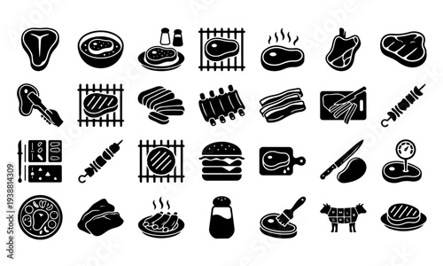 BBQ Meat and Grilling Solid Icon Set – Steak, Ribs, Burger and Barbecue Cooking Icons