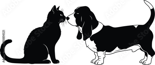 Black silhouette illustration of domestic cat sitting upright facing basset hound dog, stylized pet artwork symbolizing companionship, curiosity, and decorative 