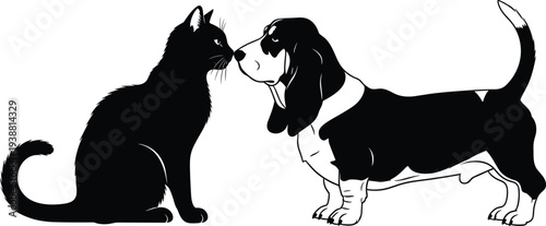 Black silhouette illustration of domestic cat sitting nose-to-nose with basset hound dog, stylized pet artwork symbolizing curiosity, companionship, and 