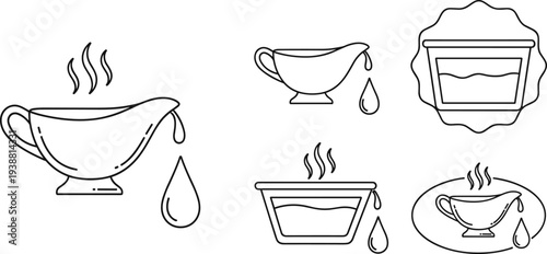 Detailed Set of Black and White Gravy Boat and Sauce Container Icons Featuring Steaming Liquid and Pouring Drops for Kitchen and Restaurant Design.