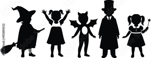 Black silhouette illustration of five children in Halloween costumes, including witch, devil, magician, fairy, and playful characters, showcasing fantasy, imagination, and festive design