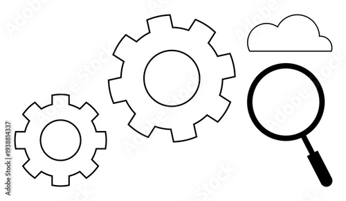 Cloud computing. Gears and magnifying glass cloud computing, data analysis, and system optimization. Cloud computing supporting automation, connectivity, and innovation. For IT, technology data