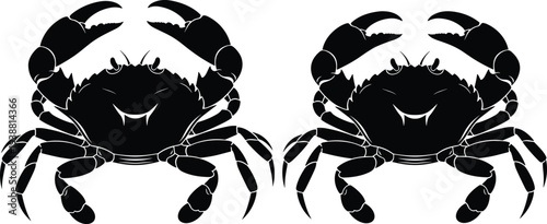 Black silhouette illustration of two crabs side by side with raised claws, detailed legs and textured shells, stylized marine artwork for seafood, nature, and decorative design