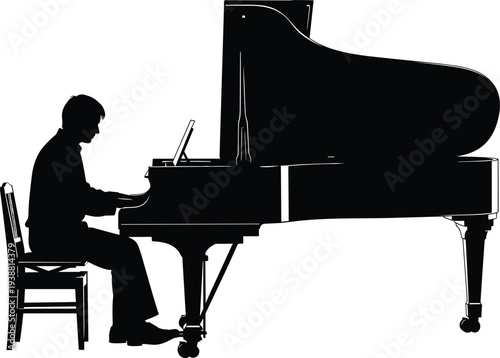 Black silhouette of professional male pianist playing classical music on grand piano with open lid isolated on white background for concert and performance concept