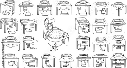 Pottery Wheel Equipment Line Art Collection. Black and white outline vector illustrations for ceramic art, craft, hobby, and workshop tools.