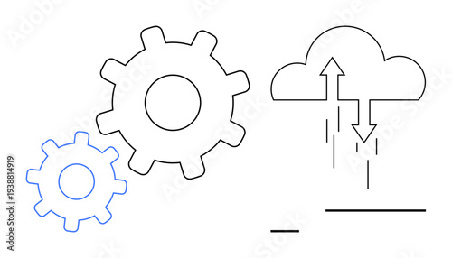 Cloud computing concept. Simplified cloud with data flow arrows and gear symbols cloud computing, technology integration, and data synchronization. Ideal for IT, technology, cloud computing services