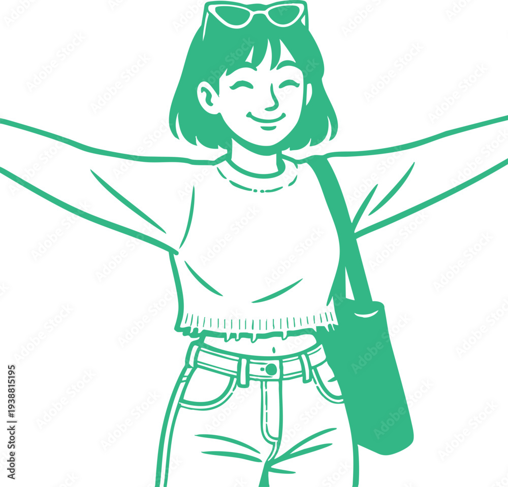 Obraz premium Cheerful young woman with open arms, radiating happiness and a carefree spirit in a vibrant illustration, embodying youth, freedom, and a positive casual lifestyle