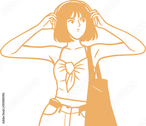 Creative vector illustration of a young woman with headphones, holding them to her ears, ready to listen to music, with a tote bag on her shoulder, against a white background
