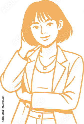 Stylized illustration of a smiling young woman in a blazer, with her hand near her head, conveying confidence and approachability in a professional setting