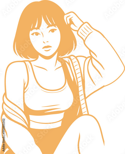 Charming stylish young woman illustration in casual attire, showcasing modern fashion with a relaxed and confident pose, perfect for lifestyle and beauty concepts