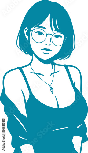 Stylish woman with short hair and modern glasses, a captivating illustration embodying contemporary fashion and feminine grace with a unique artistic flair