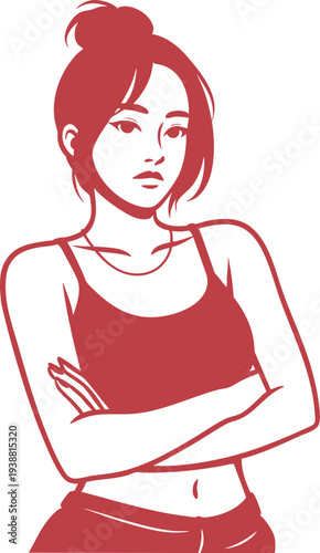Confident young woman with a determined expression and crossed arms, showcasing strength and independence in a clean, stylized graphic illustration